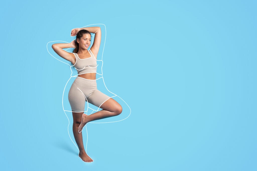 A physically fit woman stands against a blue background with the outline of a larger silhouette around her, illustrating her weight loss accomplishments.