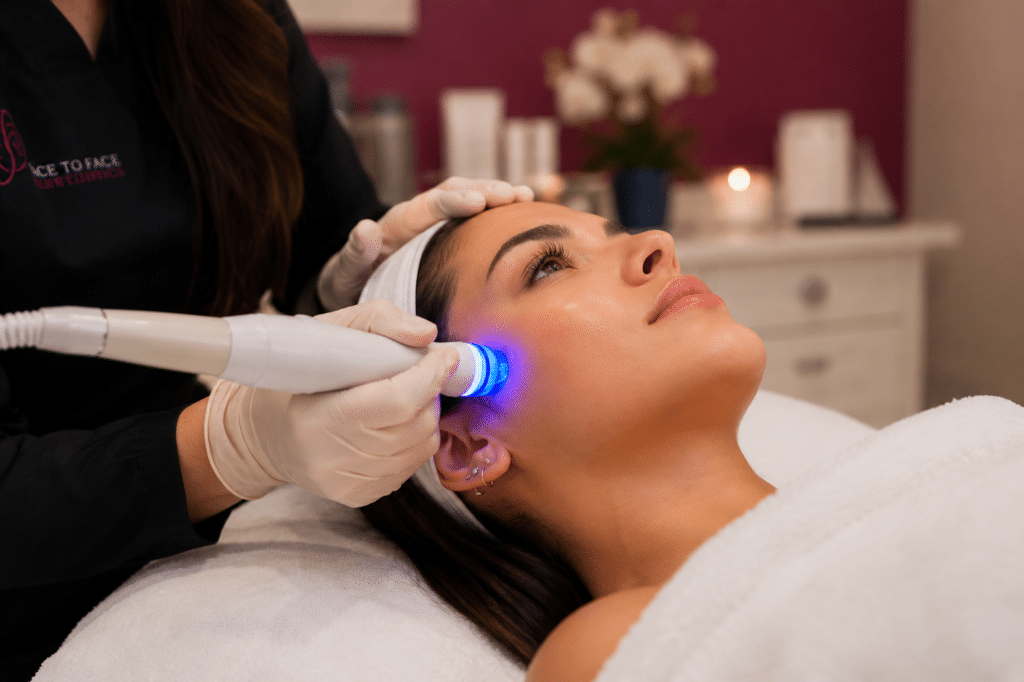 A woman smiling as she receives a HydraFacial treatment