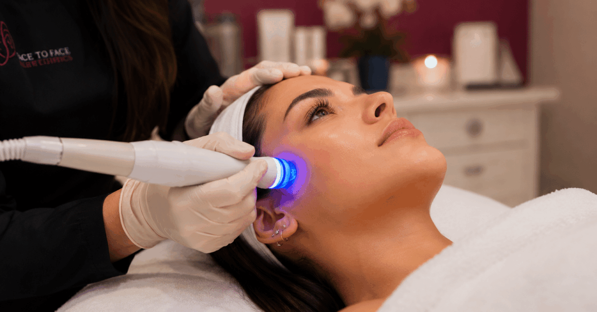 A woman smiling as she receives a HydraFacial treatment